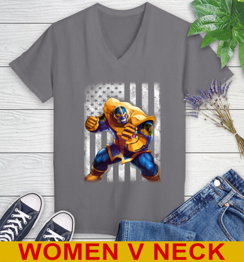 NHL Hockey Chicago Blackhawks Thanos Marvel American Flag Shirt Women's V-Neck T-Shirt 11