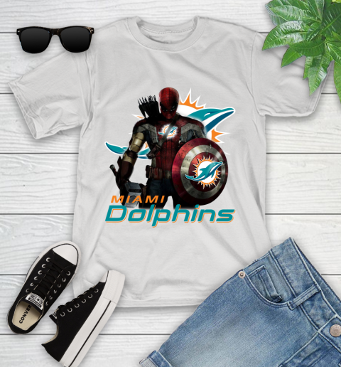 NFL Captain America Thor Spider Man Hawkeye Avengers Endgame Football Miami Dolphins Youth T-Shirt