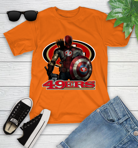 NFL Captain America Thor Spider Man Hawkeye Avengers Endgame Football San Francisco 49ers Youth T-Shirt 7