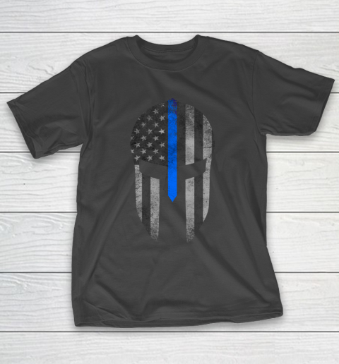 Thin Blue Line American Flag Spartan Helm T-Shirt