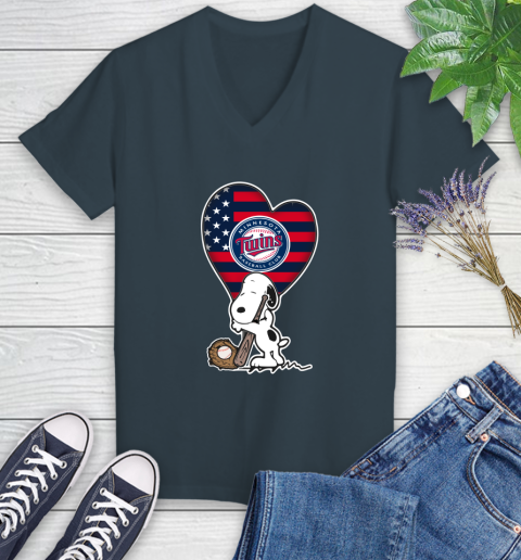 Minnesota Twins MLB Baseball The Peanuts Movie Adorable Snoopy Women's V-Neck T-Shirt 8