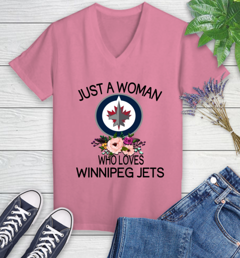NHL Just A Woman Who Loves Winnipeg Jets Hockey Sports Women's V-Neck T-Shirt 8