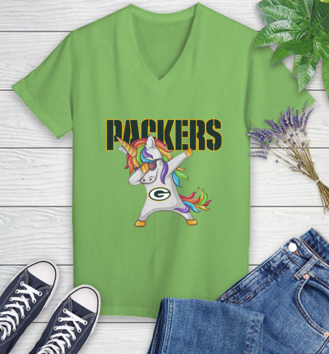 Green Bay Packers NFL Football Funny Unicorn Dabbing Sports Women's V-Neck T-Shirt 11