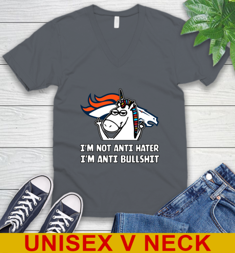 Denver Broncos NFL Football Unicorn I'm Not Anti Hater I'm Anti Bullshit V-Neck T-Shirt 5