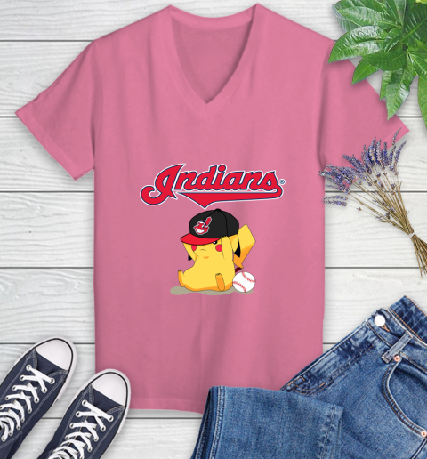 MLB Pikachu Baseball Sports Cleveland Indians Women's V-Neck T-Shirt 13