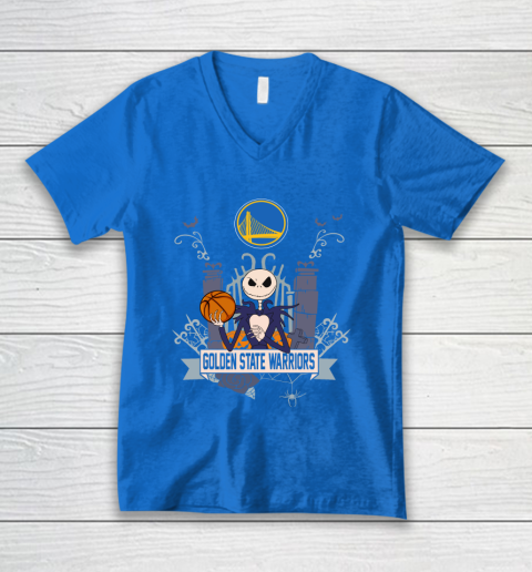 NBA Golden State Warriors Basketball Jack Skellington Halloween V-Neck T-Shirt 5