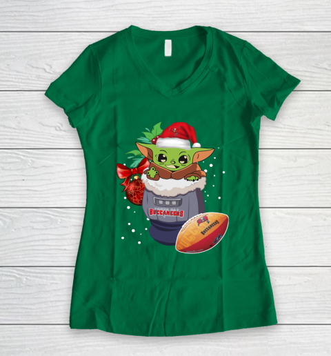 Tampa Bay Buccaneers Christmas Baby Yoda Star Wars Funny Happy NFL Women's V-Neck T-Shirt 5