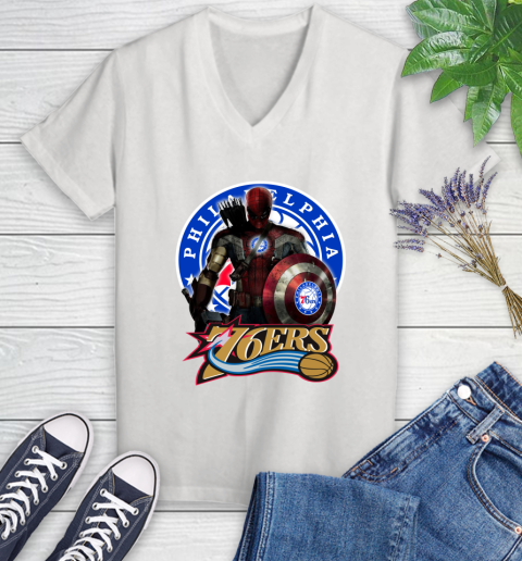 Philadelphia 76ers NBA Basketball Captain America Thor Spider Man Hawkeye Avengers (1) Women's V-Neck T-Shirt