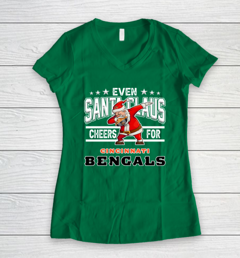 Cincinnati Bengals Even Santa Claus Cheers For Christmas NFL Women's V-Neck T-Shirt 3