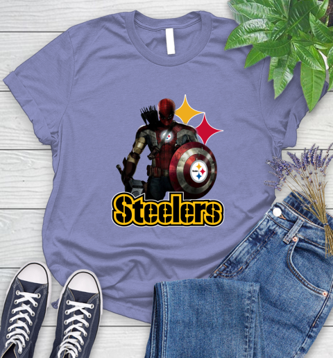 NFL Captain America Thor Spider Man Hawkeye Avengers Endgame Football Pittsburgh Steelers Women's T-Shirt 11
