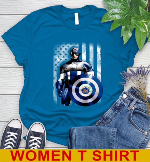 New York Mets MLB Baseball Captain America Marvel Avengers American Flag Shirt Women's T-Shirt 8