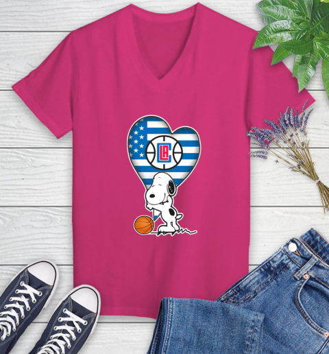 LA Clippers NBA Basketball The Peanuts Movie Adorable Snoopy Women's V-Neck T-Shirt 9