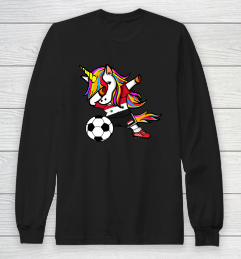 Funny Dabbing Unicorn Syria Football Syrian Flag Soccer Long Sleeve T-Shirt