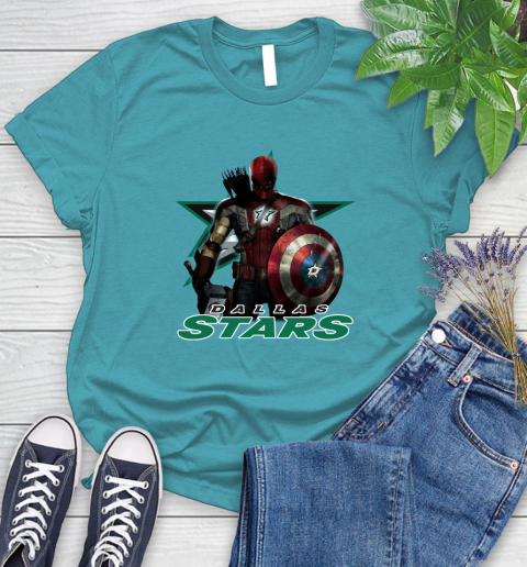 NHL Captain America Thor Spider Man Hawkeye Avengers Endgame Hockey Dallas Stars Women's T-Shirt 12