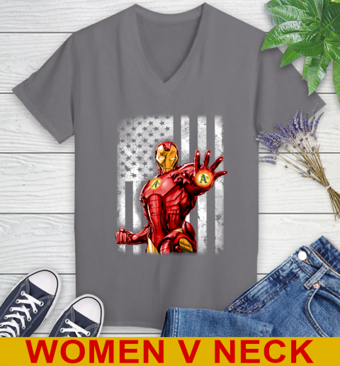 Oakland Athletics MLB Baseball Iron Man Avengers American Flag Shirt Women's V-Neck T-Shirt 11
