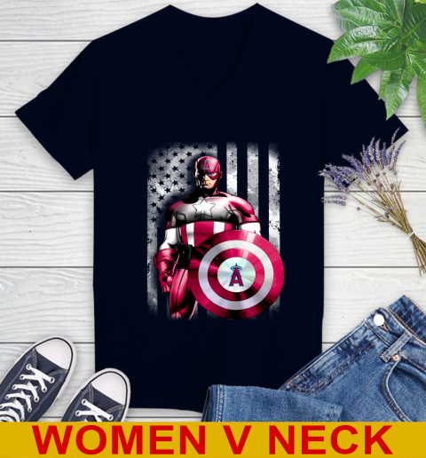 Los Angeles Angels MLB Baseball Captain America Marvel Avengers American Flag Shirt Women's V-Neck T-Shirt 2