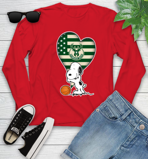 Milwaukee Bucks NBA Basketball The Peanuts Movie Adorable Snoopy Youth Long Sleeve 11