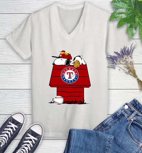 MLB Texas Rangers Snoopy Woodstock The Peanuts Movie Baseball T Shirt Women's V-Neck T-Shirt