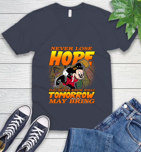 Chicago Blackhawks NHL Hockey ootball Mickey Disney Never Lose Hope V-Neck T-Shirt 8