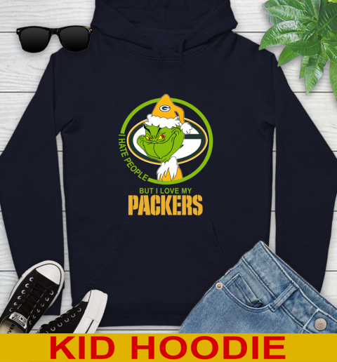 Green Bay Packers NFL Christmas Grinch I Hate People But I Love My Favorite Football Team Youth Hoodie 4