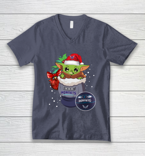 Charlotte Hornets Christmas Baby Yoda Star Wars Funny Happy NBA V-Neck T-Shirt 8