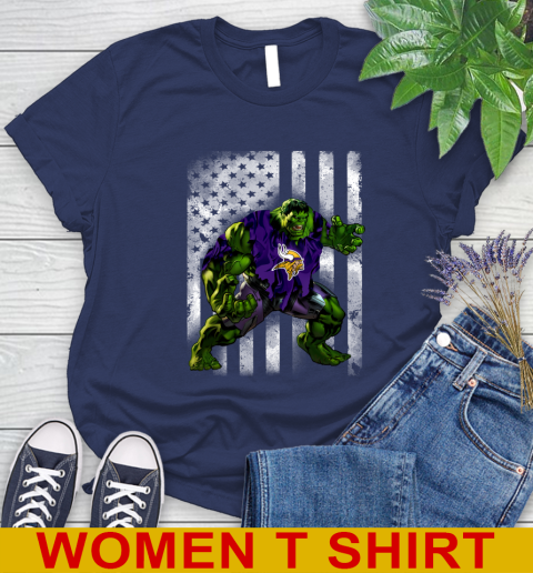 Minnesota Vikings Hulk Marvel Avengers NFL Football American Flag Women's T-Shirt 12