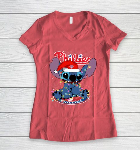 Philadelphia Phillies MLB noel stitch Baseball Christmas Women's V-Neck T-Shirt - Image 4