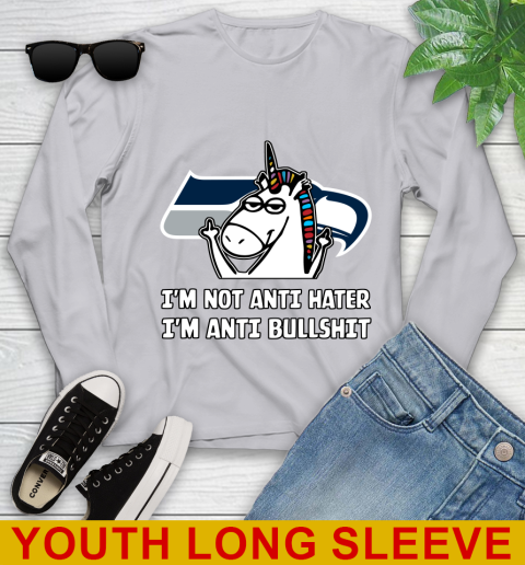 Seattle Seahawks NFL Football Unicorn I'm Not Anti Hater I'm Anti Bullshit Youth Long Sleeve 6
