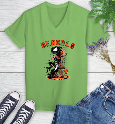 NFL Cincinnati Bengals Football Venom Groot Guardians Of The Galaxy Women's V-Neck T-Shirt 11