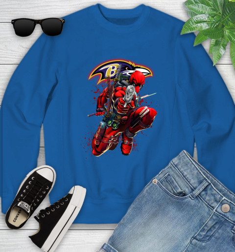 NFL Deadpool Marvel Comics Sports Football Baltimore Ravens Youth Sweatshirt 8