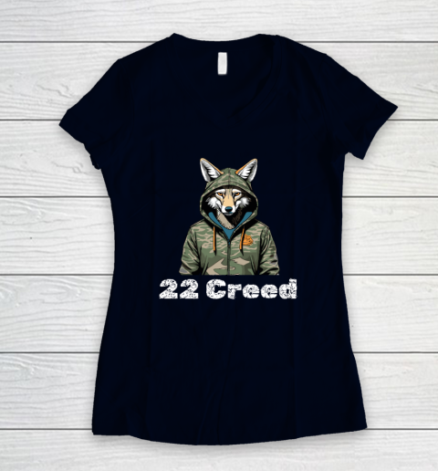 Coyote in Hood 22 Creed Graphic Hunting Women's V-Neck T-Shirt 2