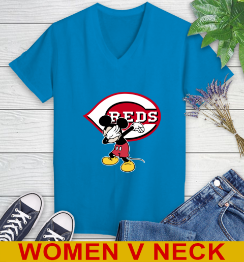 Cincinnati Reds MLB Baseball Dabbing Mickey Disney Sports Women's V-Neck T-Shirt 8