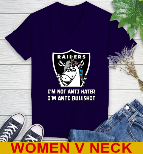 Oakland Raiders NFL Football Unicorn I'm Not Anti Hater I'm Anti Bullshit Women's V-Neck T-Shirt 4
