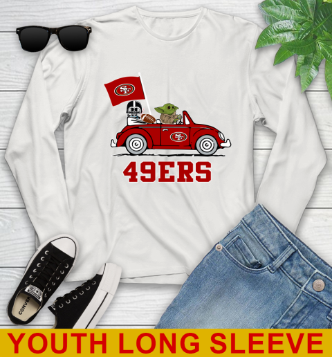 NFL Football San Francisco 49ers Darth Vader Baby Yoda Driving Star Wars Shirt Youth Long Sleeve 12
