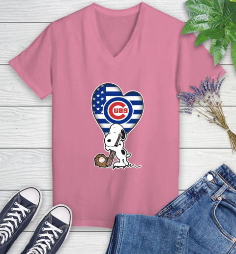 Chicago Cubs MLB Baseball The Peanuts Movie Adorable Snoopy Women's V-Neck T-Shirt 13