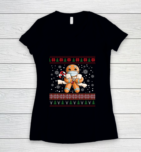 Gingerbread Face Mask Christmas 2020 Quarantine Pajamas Gift Women's V-Neck T-Shirt
