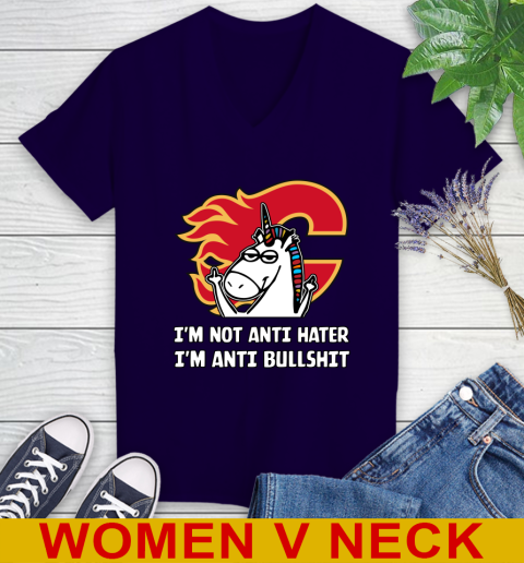Calgary Flames NHL Hockey Unicorn I'm Not Anti Hater I'm Anti Bullshit Women's V-Neck T-Shirt 4