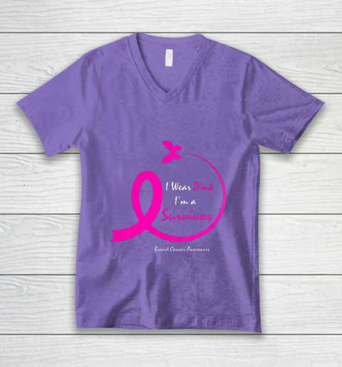 Womens Butterfly I Wear Pink I m A Survivor Breast Cancer Awareness V-Neck T-Shirt 8