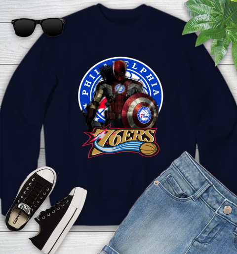 Philadelphia 76ers NBA Basketball Captain America Thor Spider Man Hawkeye Avengers (1) Youth Sweatshirt 3