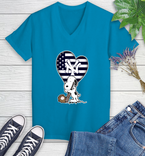 New York Yankees MLB Baseball The Peanuts Movie Adorable Snoopy Women's V-Neck T-Shirt 7