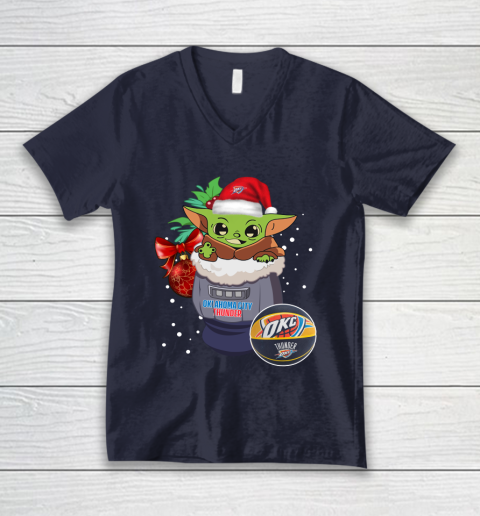 Oklahoma City Thunder Christmas Baby Yoda Star Wars Funny Happy NBA V-Neck T-Shirt 3