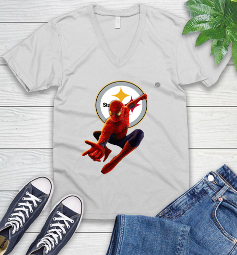 NFL Spider Man Avengers Endgame Football Pittsburgh Steelers V-Neck T-Shirt