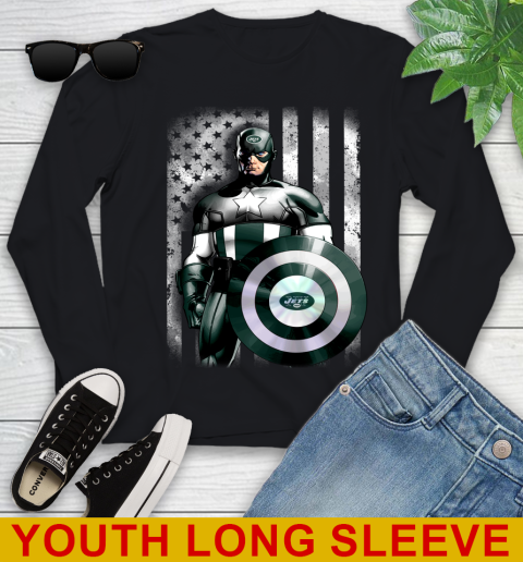 New York Jets NFL Football Captain America Marvel Avengers American Flag Shirt Youth Long Sleeve