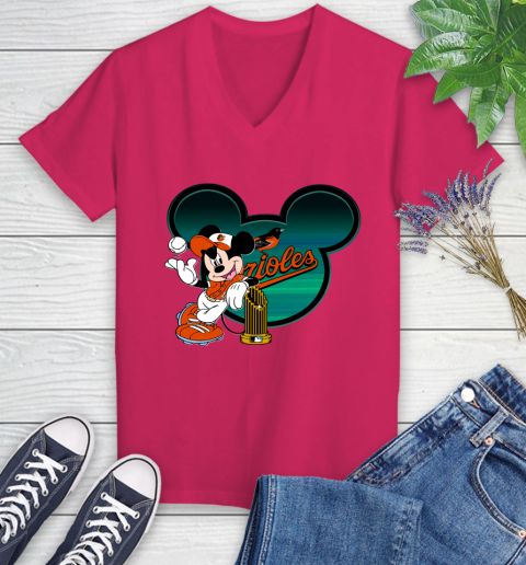 MLB Baltimore Orioles The Commissioner's Trophy Mickey Mouse Disney Women's V-Neck T-Shirt 9