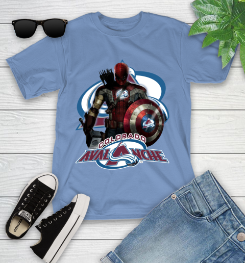 NHL Captain America Thor Spider Man Hawkeye Avengers Endgame Hockey Colorado Avalanche Youth T-Shirt 11