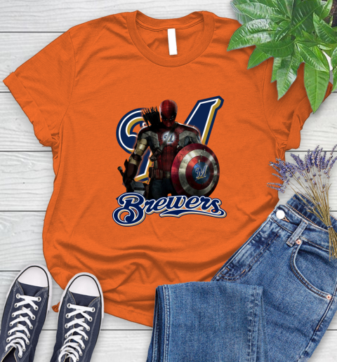 MLB Captain America Thor Spider Man Hawkeye Avengers Endgame Baseball Milwaukee Brewers Women's T-Shirt 4