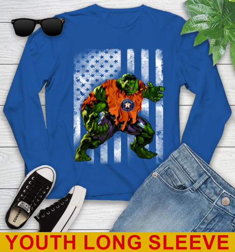 Houston Astros Hulk Marvel Avengers MLB Baseball American Flag Youth Long Sleeve - Image 11