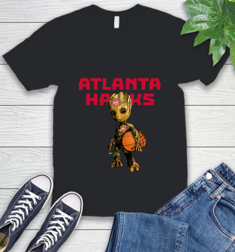 Atlanta Hawks NBA Basketball Groot Marvel Guardians Of The Galaxy V-Neck T-Shirt 2