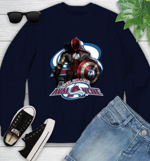 NHL Captain America Thor Spider Man Hawkeye Avengers Endgame Hockey Colorado Avalanche Youth Sweatshirt 3