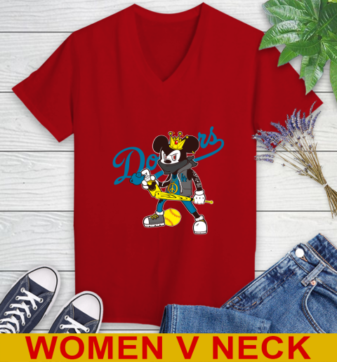 Los Angeles Dodgers MLB Baseball Mickey Peace Sign Sports Women's V-Neck T-Shirt 12